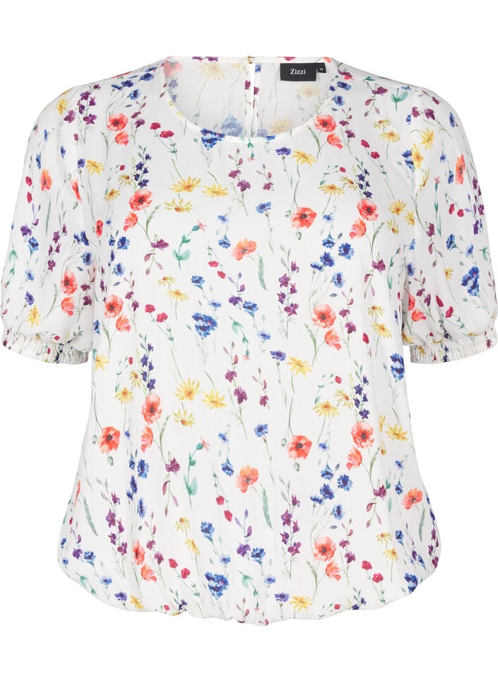Gebloemde blouse met smokwerk, Blauw, Packshot image number 0