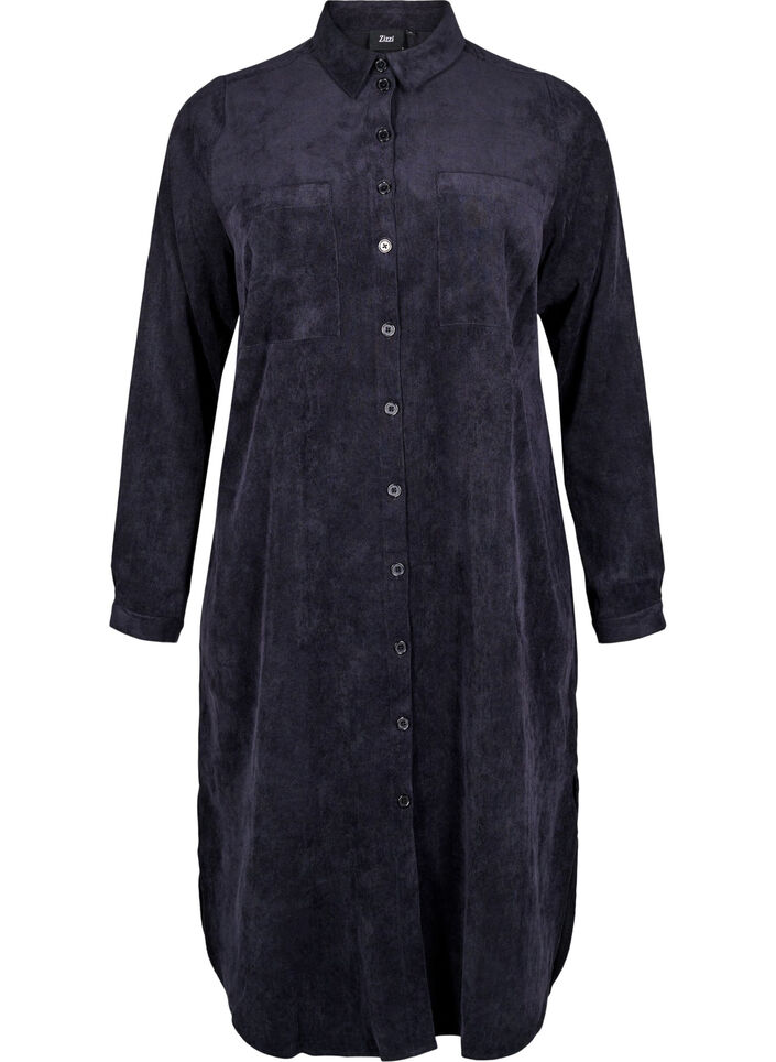 Lange corduroy shirt jurk met knopen, Black, Packshot image number 0