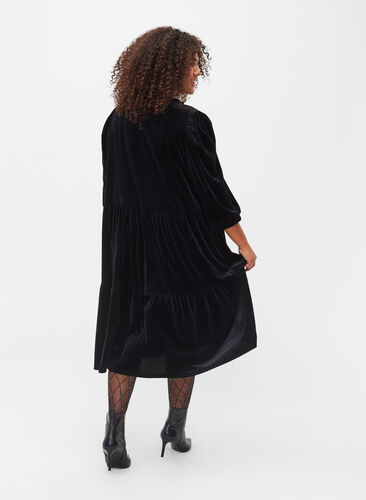 Robe en velours avec col à volants et manches 3/4, Black, Model image number 1