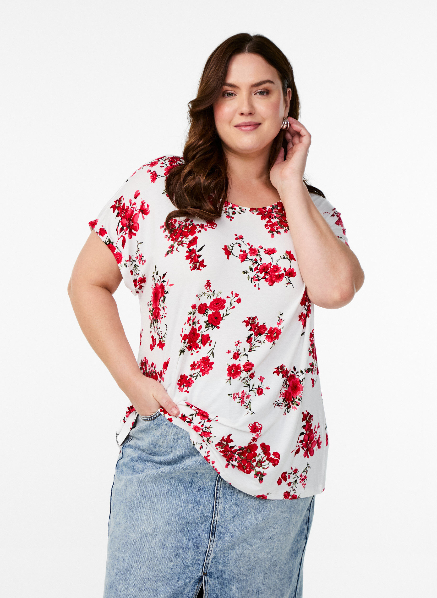 ZizziT-shirt met bloemenprint, Rood, Model image number 0