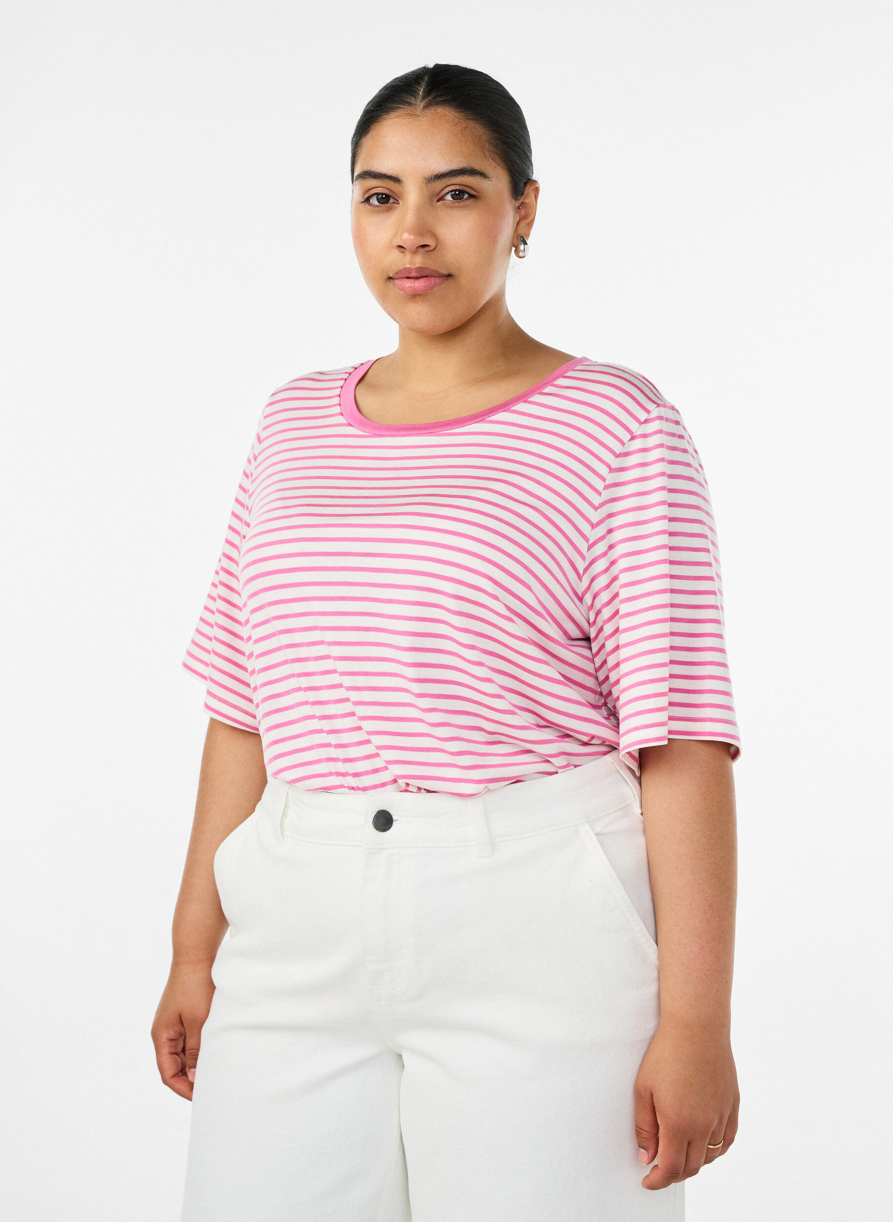 ZizziT-shirt met TENCEL&trade; Lyocell en strepen, Roze, Model image number 0
