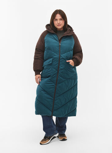 Veste d'hiver longue à capuche avec blocs de couleurs, Deep Teal Comb, Model image number 0
