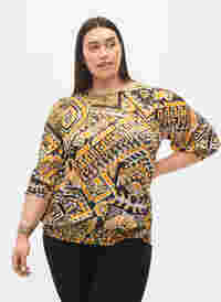 Bedrukte blouse met smok en 3/4 mouwen, Yellow Aztec AOP, Model