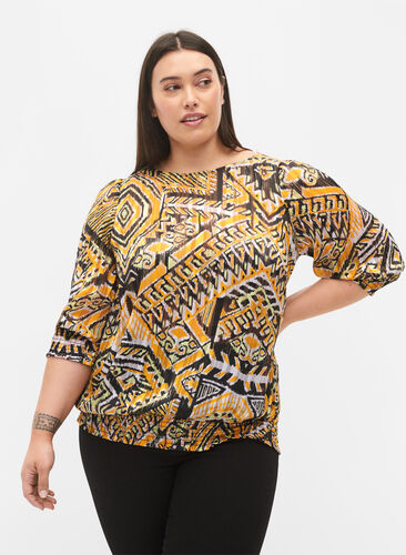 Bedrukte blouse met smok en 3/4 mouwen, Yellow Aztec AOP, Model image number 0