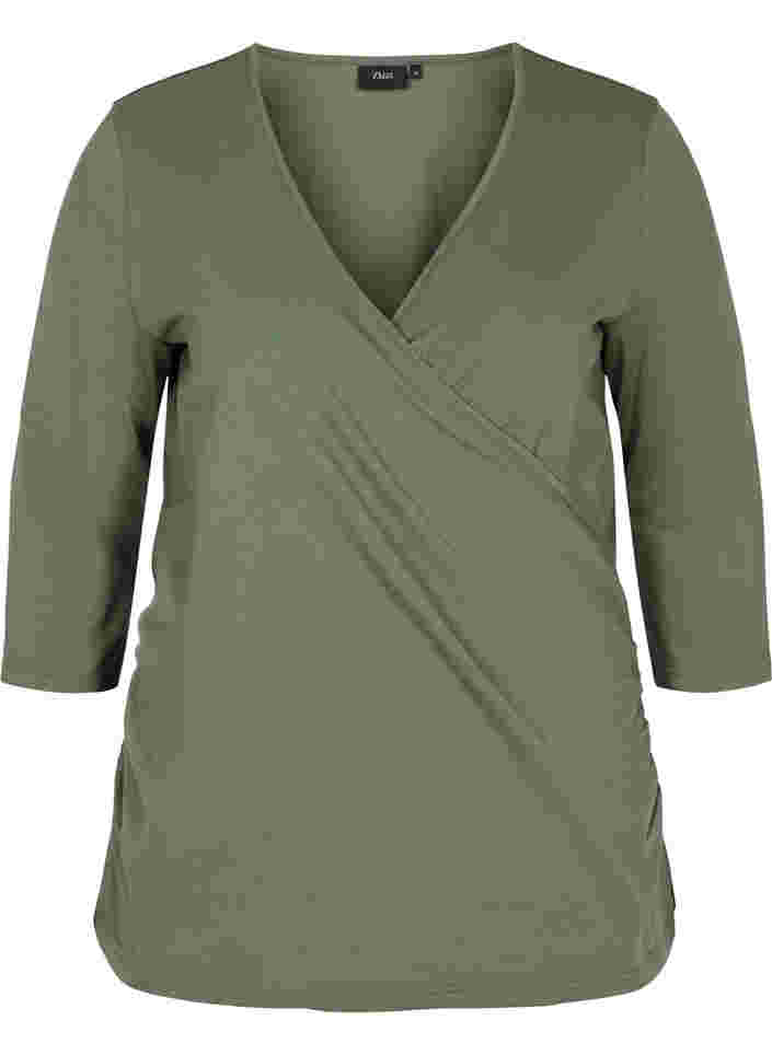 Katoenen blouse met 3/4 mouwen en wikkel, Thyme, Packshot image number 0