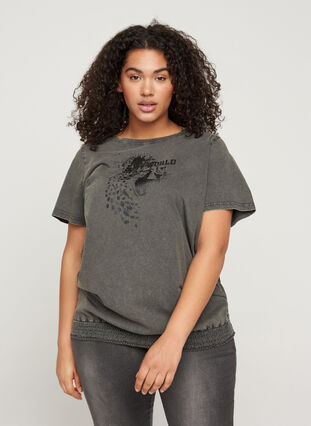 T-shirt met korte mouwen, acid wash en smokwerk, Dark grey acid wash, Model image number 0