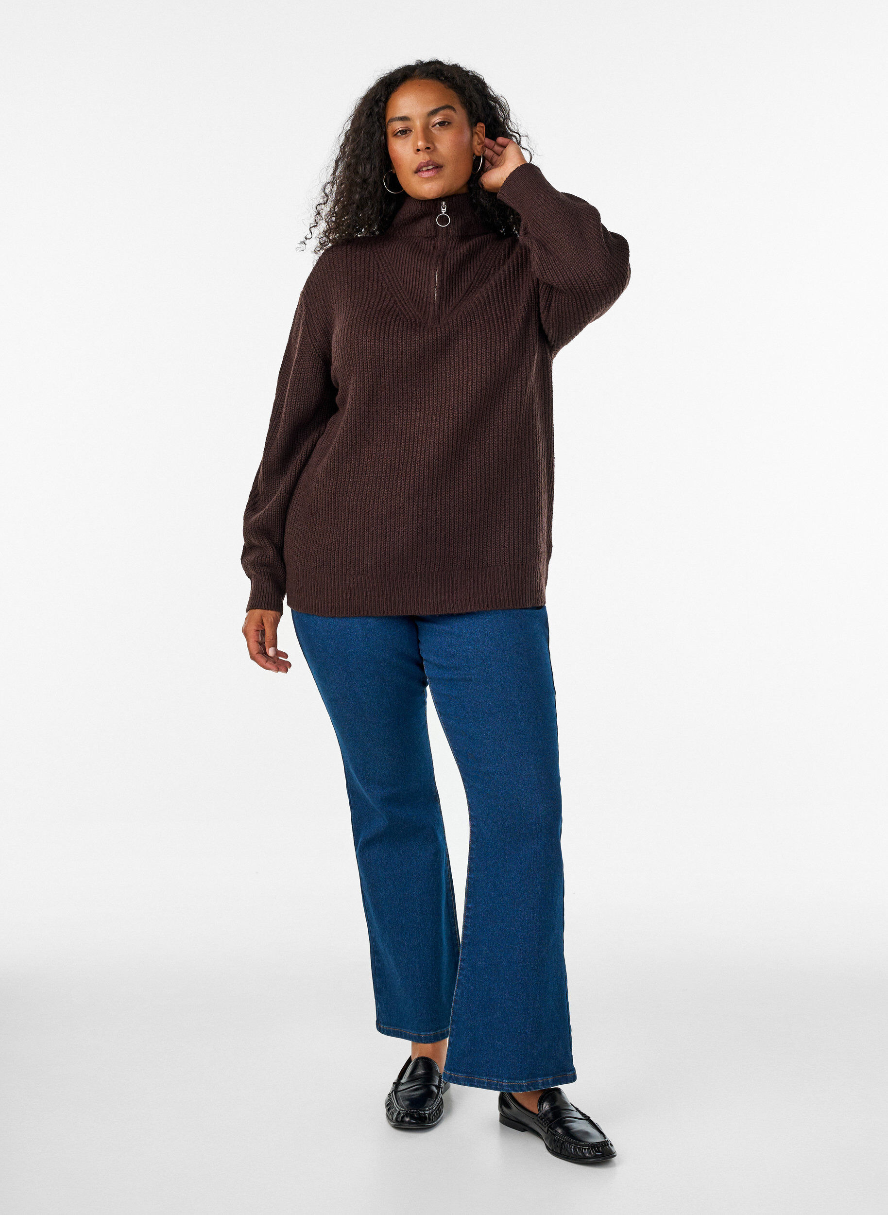 ZizziPull en tricot avec col haut et fermeture &eacute;clair, Marron, Model image number 1
