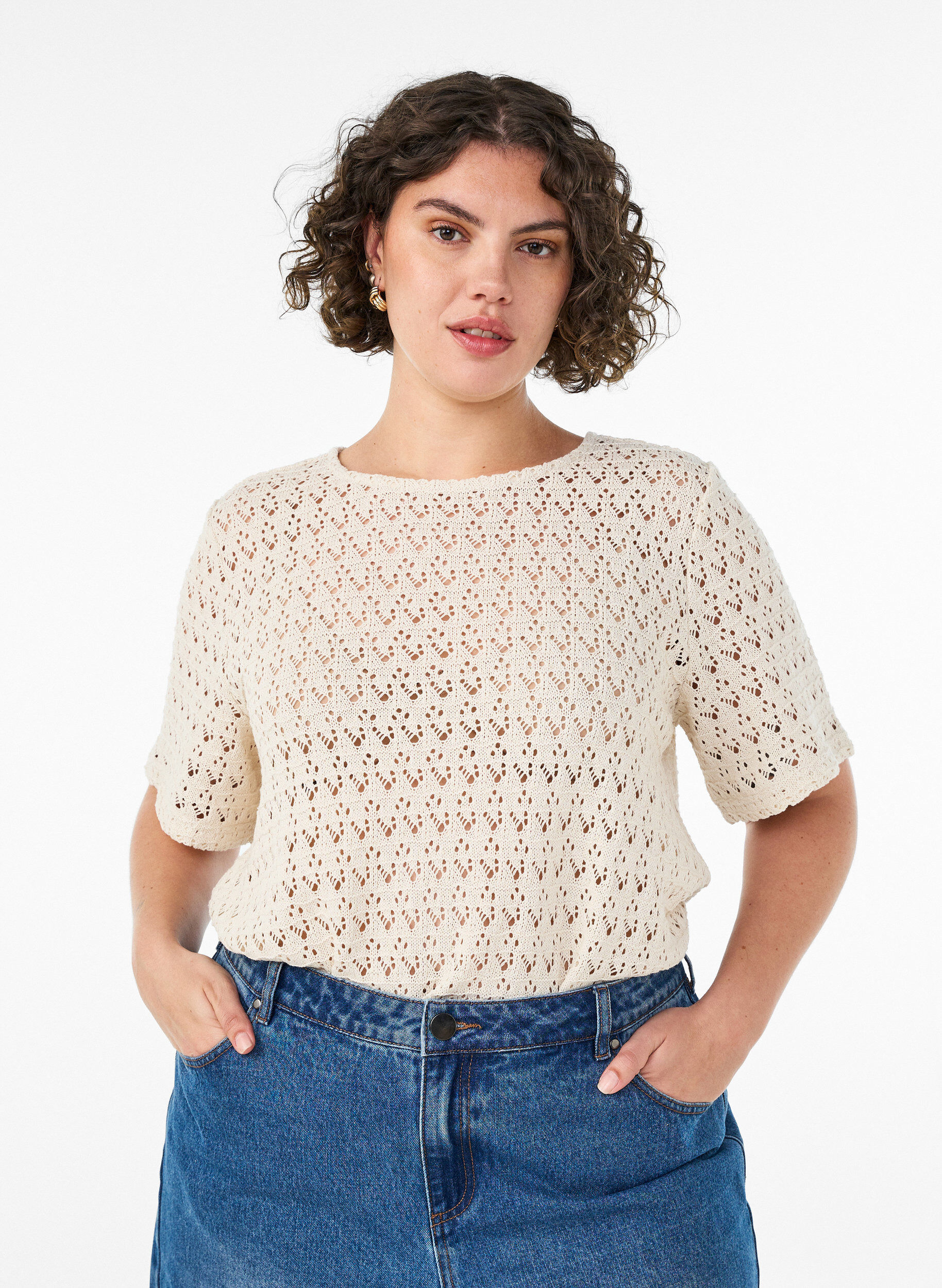 ZizziBlouse &agrave; manches courtes avec broderie ajour&eacute;e, Beige, Model image number 0