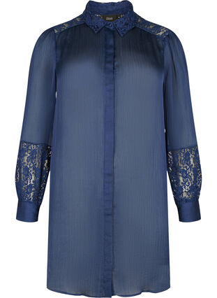 Lang overhemd met kanten details, Evening Blue, Packshot image number 0
