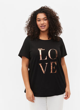 T-shirt en coton à manches courtes avec impression, Black W. Love , Model image number 0