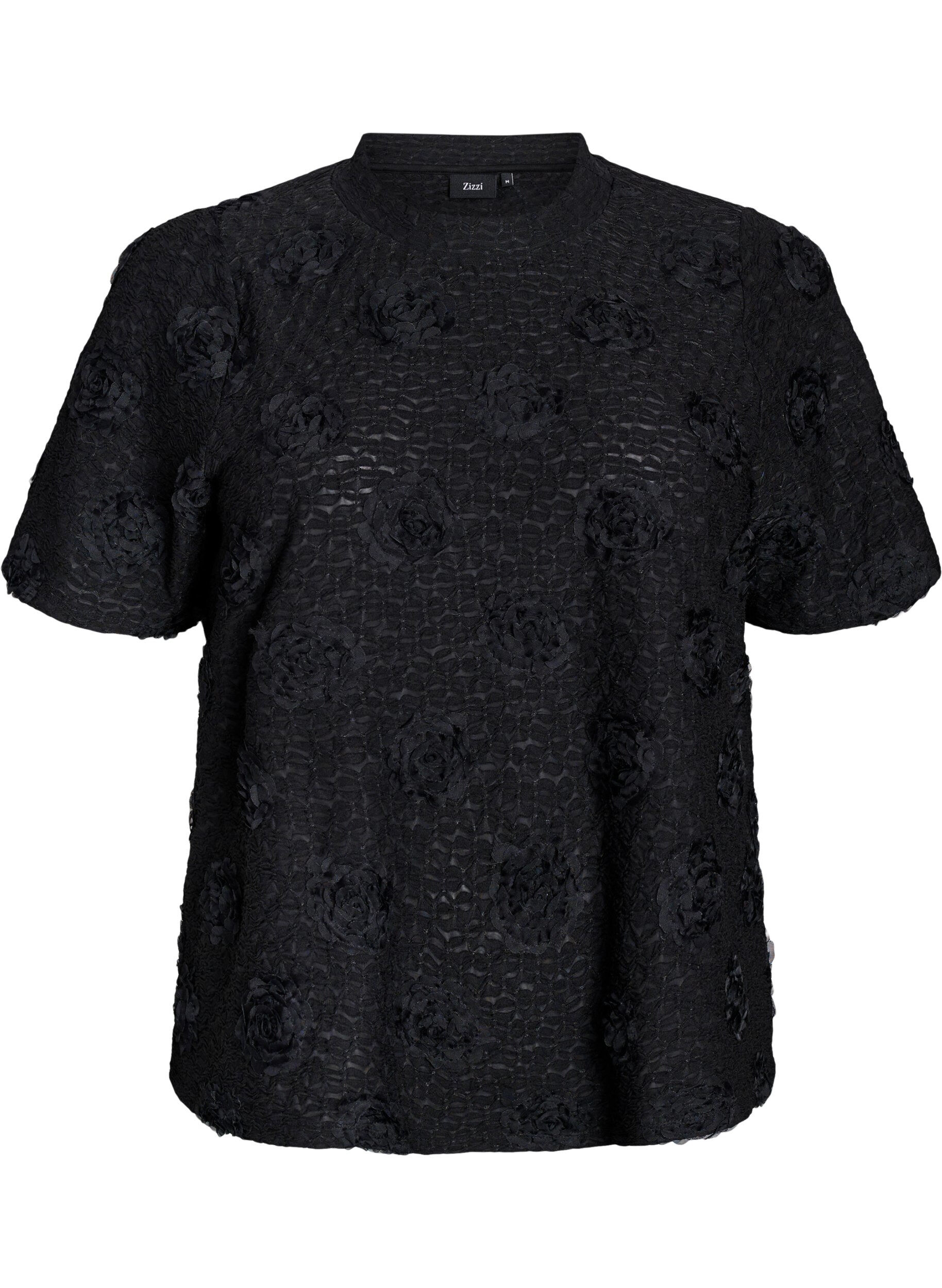 ZizziBlouse met 3D-bloemen en korte mouwen, Zwart, Packshot image number 0