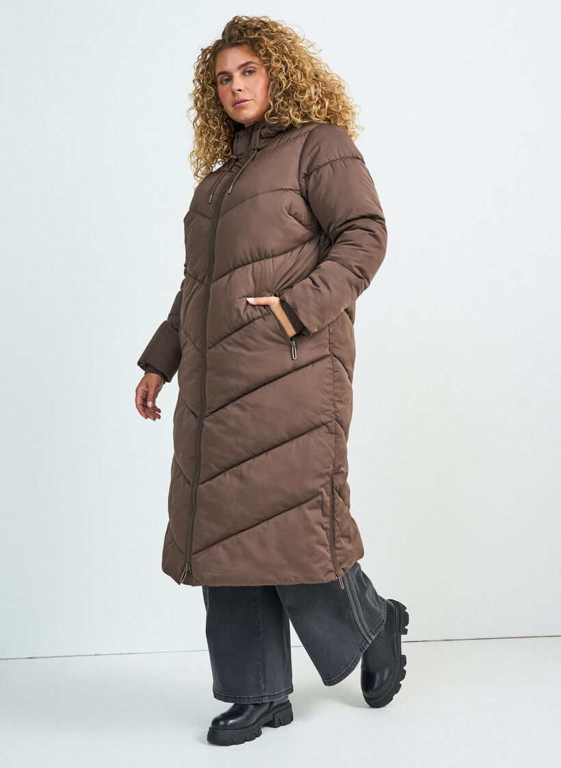 Doudoune longue avec capuche et poches, Marron, Model image number 0