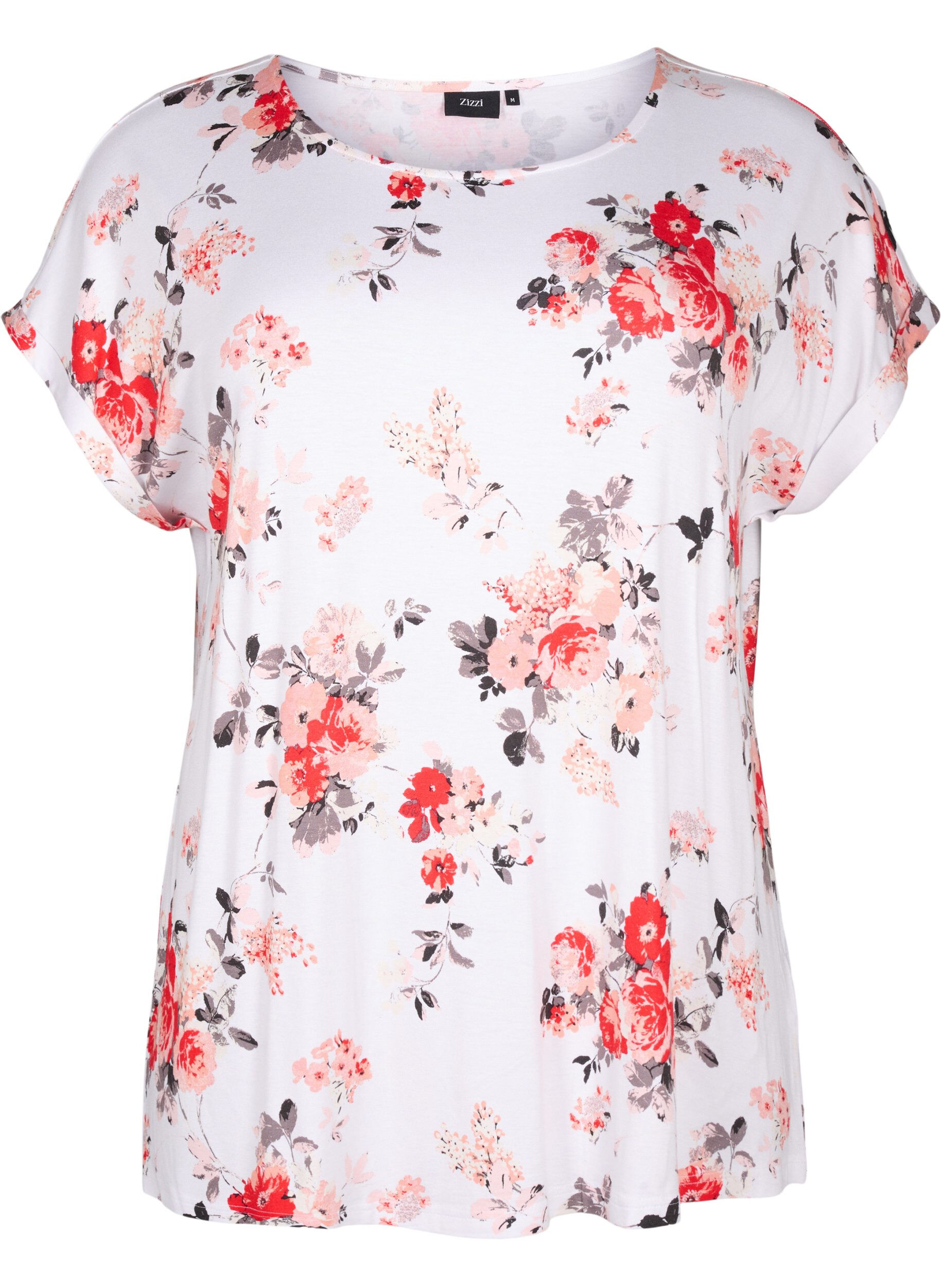 ZizziViscose blouse met korte mouwen en bloemen, White AOP flower, Packshot image number 0