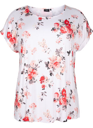 Viscose blouse met korte mouwen en bloemen, White AOP flower, Packshot image number 0