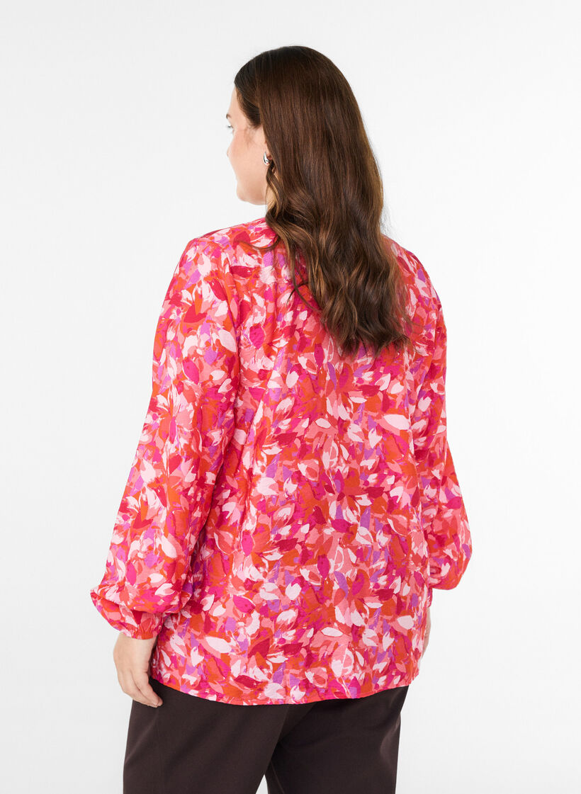 Blouse met V-hals en grafisch bladpatroon, Roze, Model image number 2