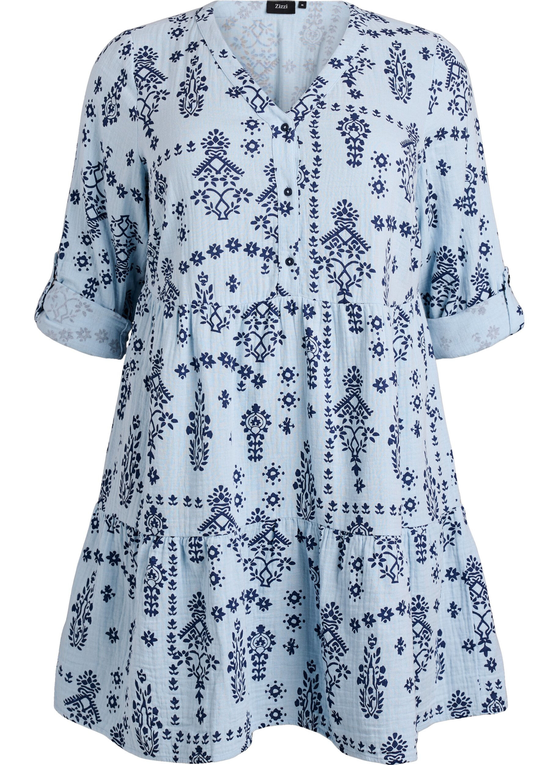 Zizzi Robe courte en mousseline de coton &agrave; motif, Bleu Clair, Packshot image number 0