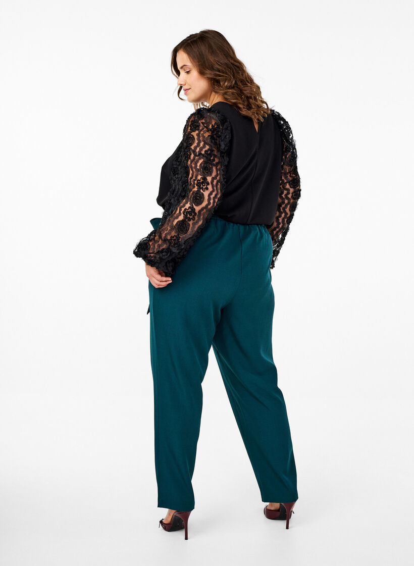 High-waist broek met ruches en een strikriem, Sea Moss Melange, Model image number 1