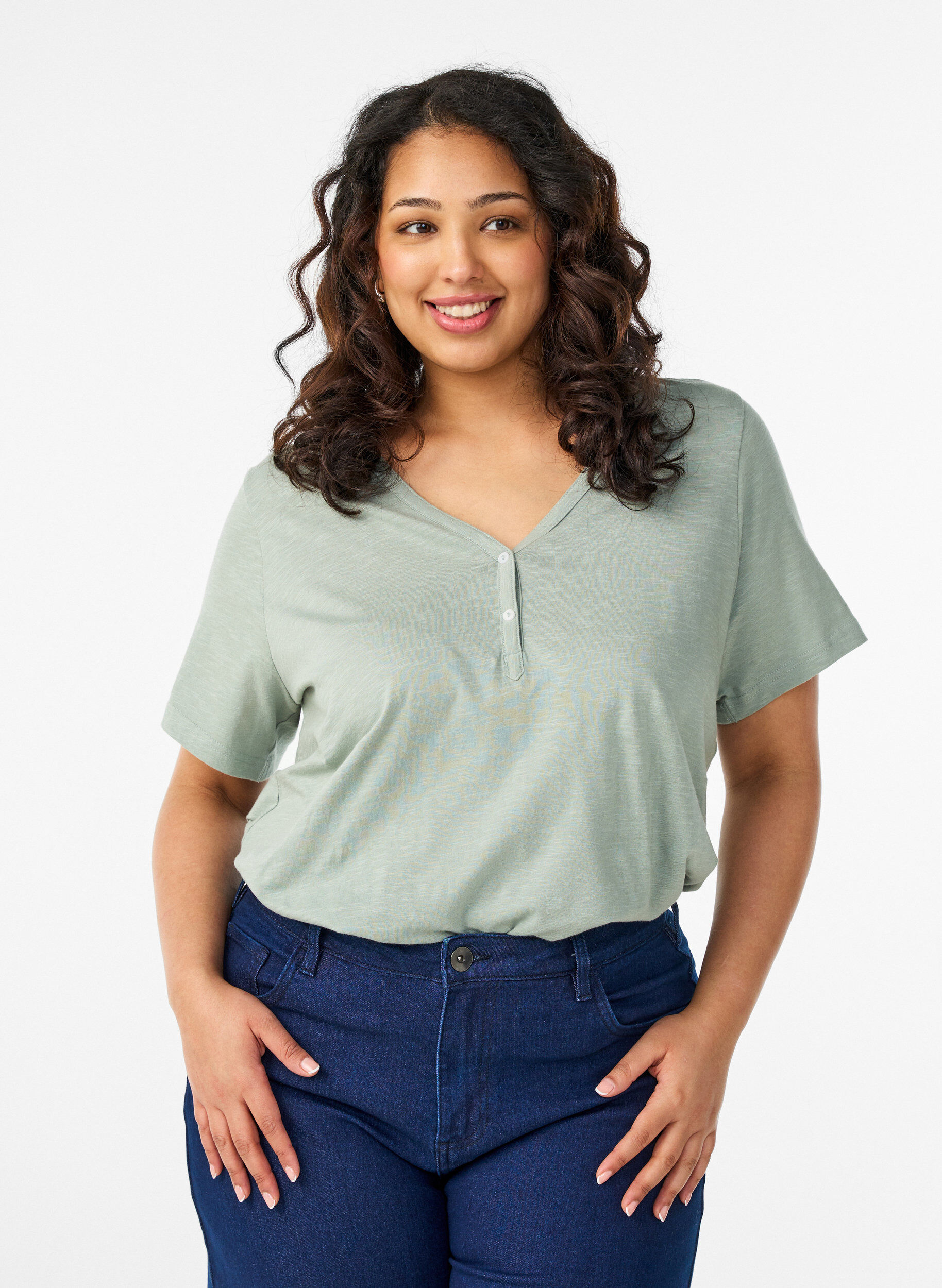 T-shirt met knoopdetail, Groen, Model