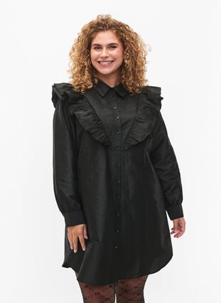 Effen overhemd met lintdetail, Black, Model image number 0