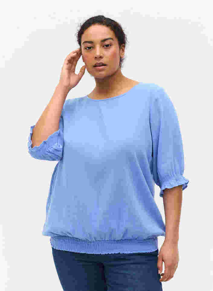 Katoenen blouse met smokwerk en korte mouwen, Wedgewood, Model image number 0