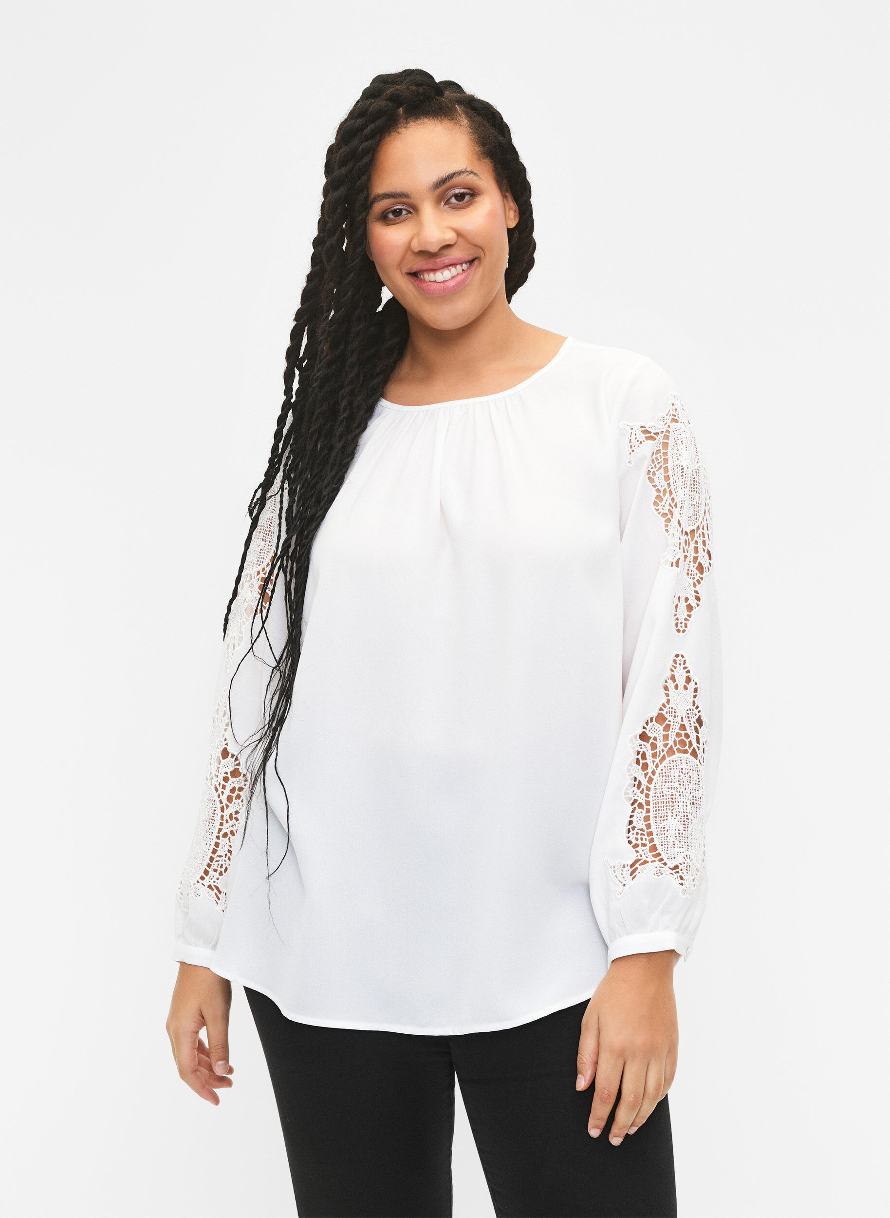 ZizziBlouse met lange mouwen en gehaakte details, Bright White, Model image number 0