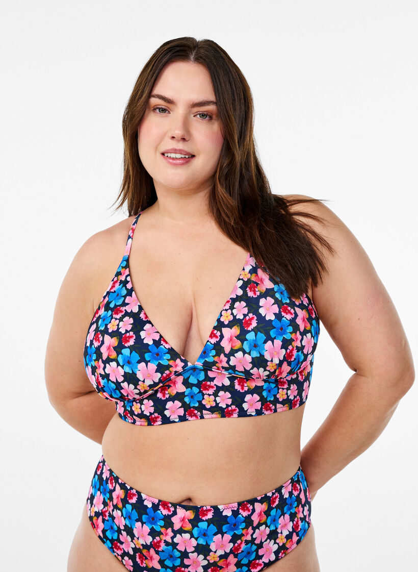 Bloemenbikini top met striksluiting aan de achterkant, Rood, Model image number 0