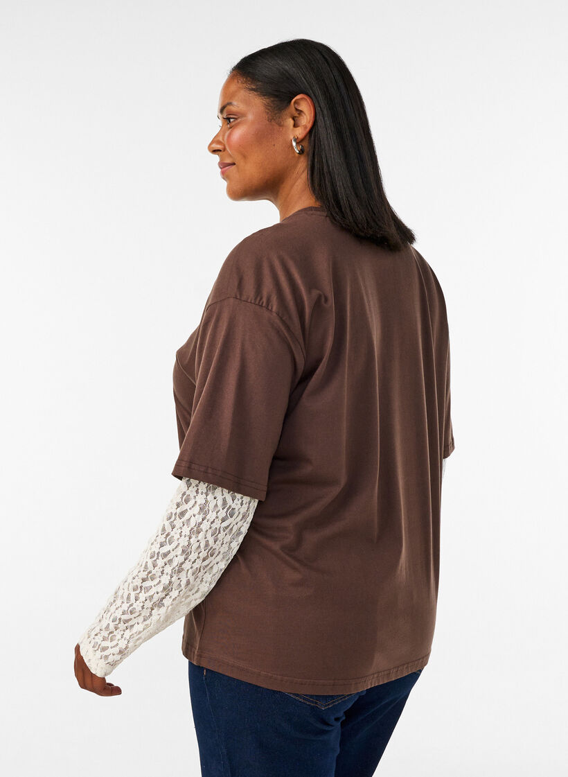 T-shirt ample avec manches longues en dentelle, Marron, Model image number 2