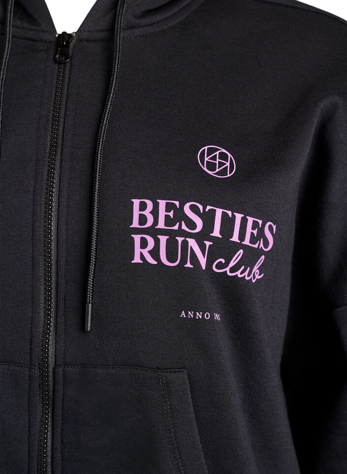 Sweat &agrave; capuche zipp&eacute; avec imprim&eacute; sur la poitrine, Noir, Packshot image number 2