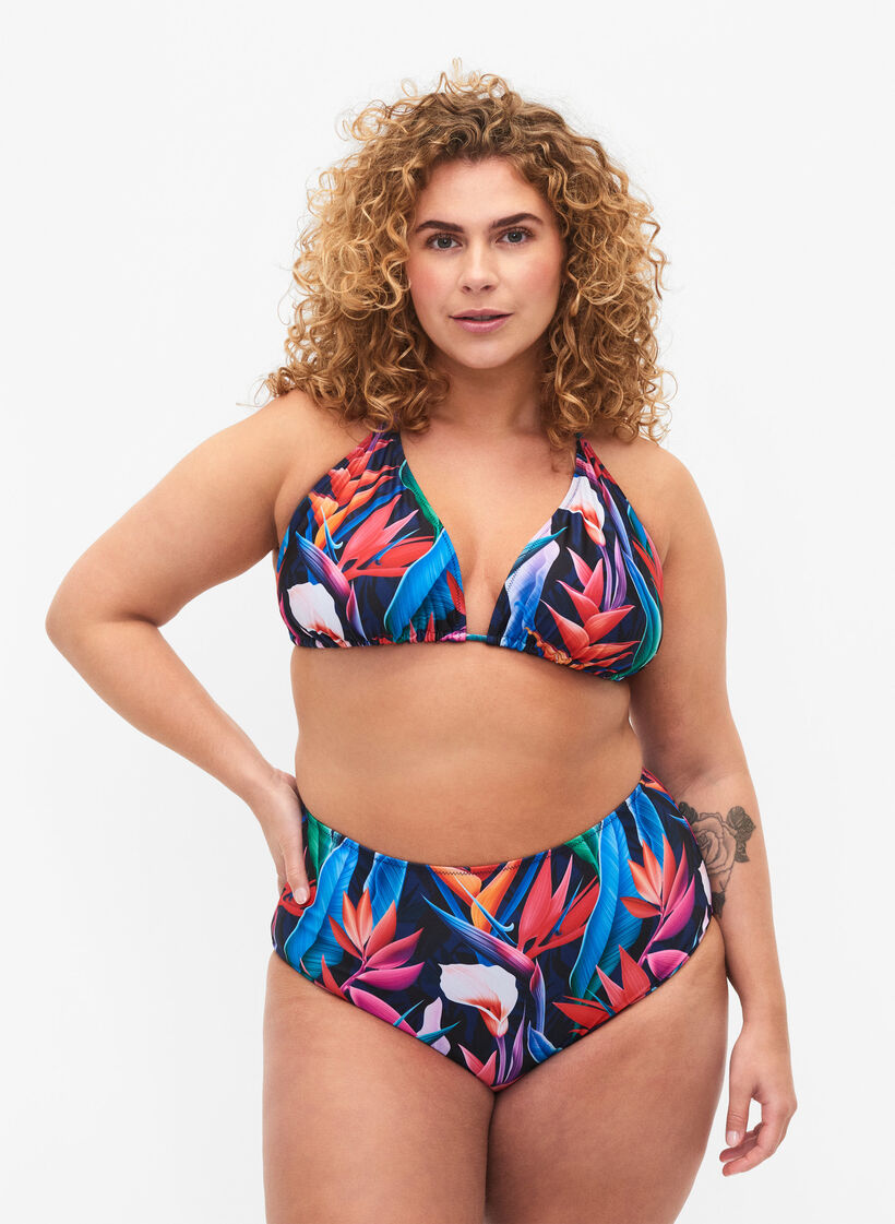 Bas de bikini à imprimé et taille haute, Bleu, Model image number 0
