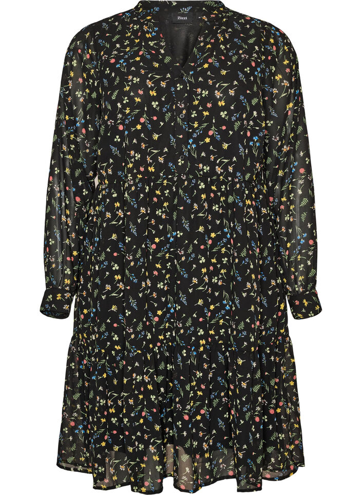 Robe &agrave; imprim&eacute; int&eacute;gral et volant superpos&eacute;, Noir, Packshot image number 0