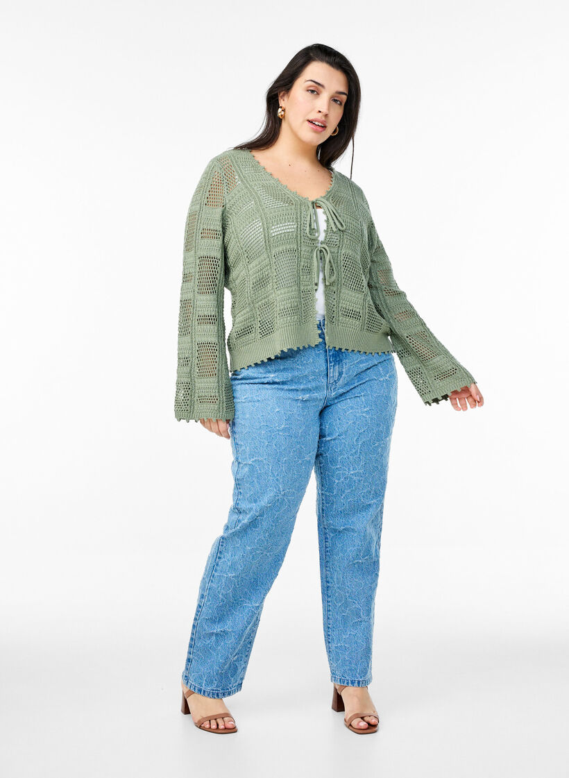 Gebreide cardigan met strikjes en een opengewerkt patroon, Groen, Model image number 1