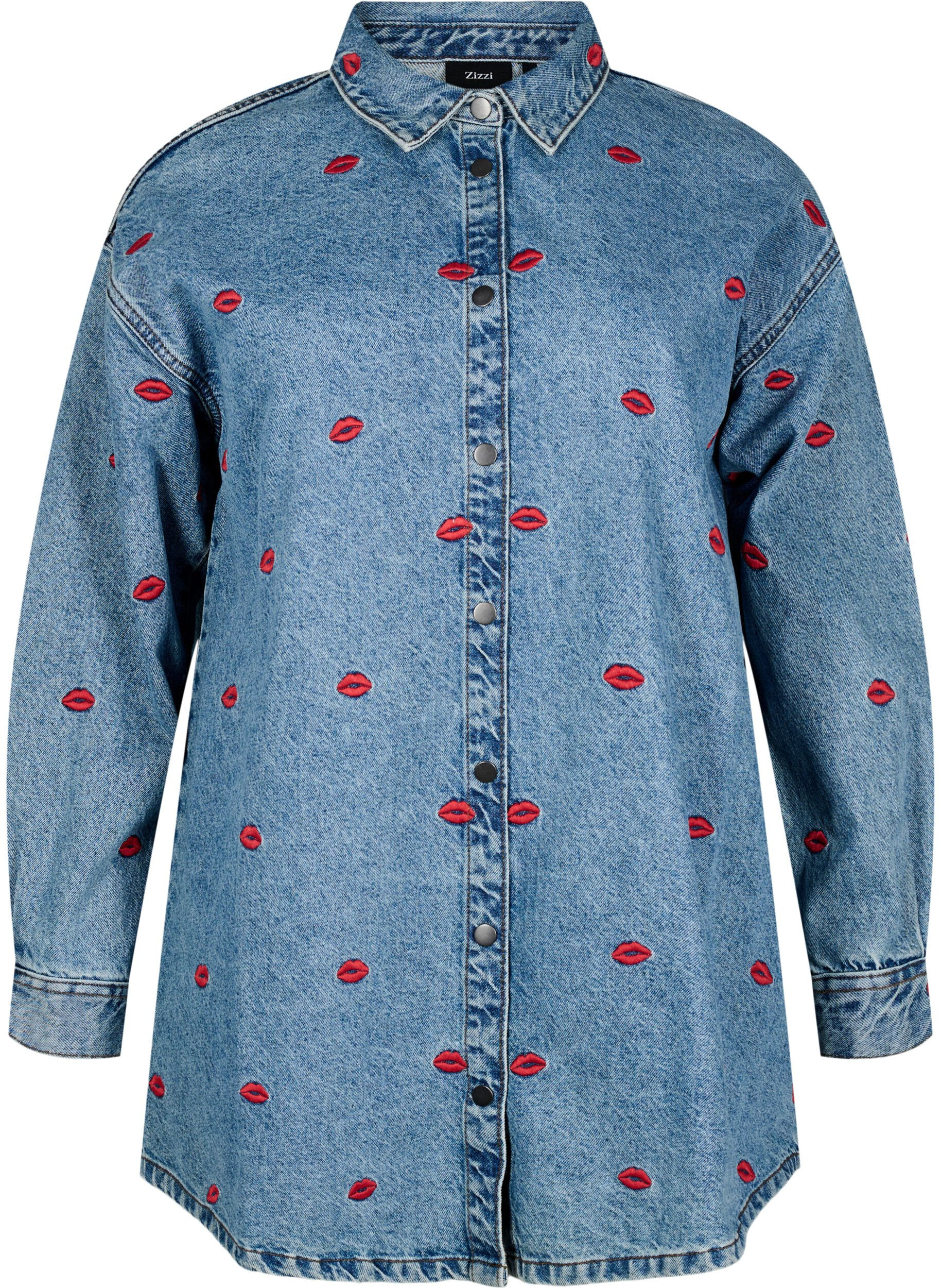 ZizziLosse denimshirt met geborduurde hartjes, Light Blue Kiss, Packshot image number 0