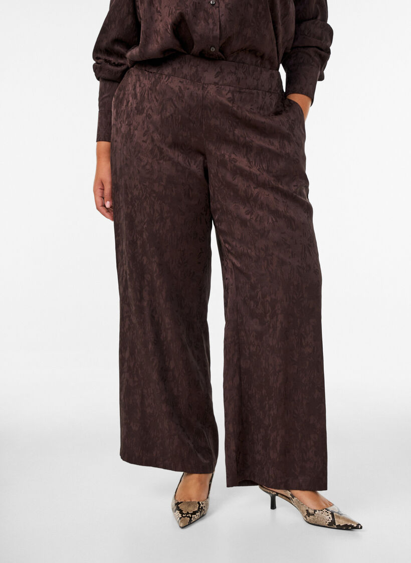 Pantalon ample &agrave; motif cachemire et taille haute, Marron, Model image number 2