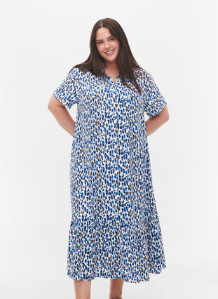 midi-jurk van viscose met korte mouwen, Blue Leo AOP, Model image number 0