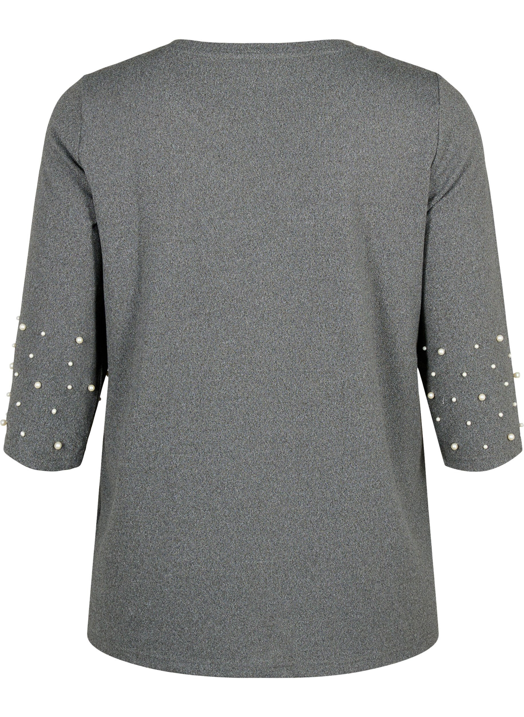 ZizziBlouse met parels en 3/4 mouwen, Dark Grey Melange, Packshot image number 1