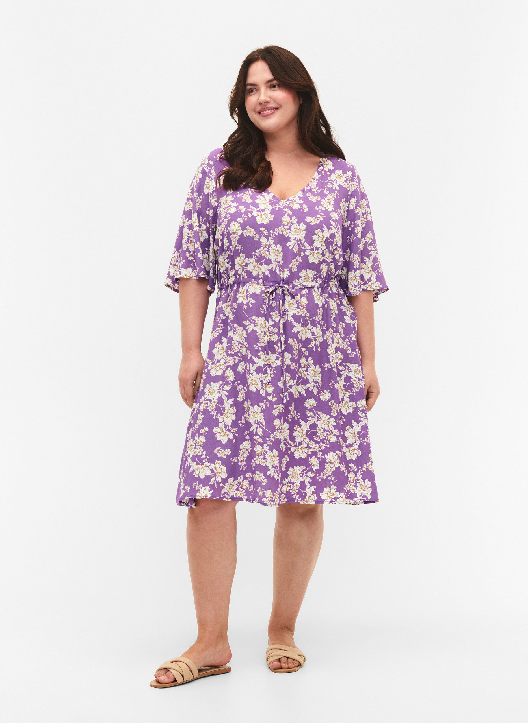 ZizziJurk met 1/2 mouw met bloemenprint in viscose, Purple Flower AOP, Model image number 2
