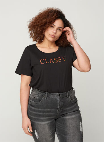 Katoenen t-shirt met korte mouwen en a-lijn, Black, Model image number 0