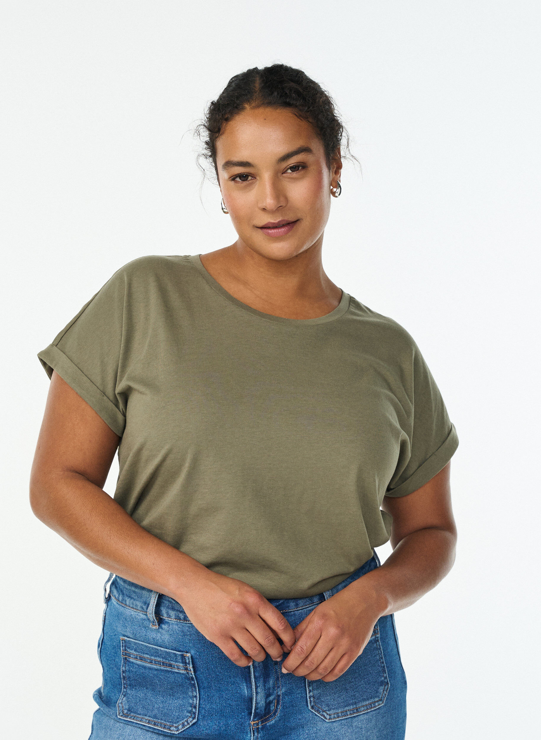 T-shirt &agrave; manches courtes en coton m&eacute;lang&eacute;, Vert Kaki, Model