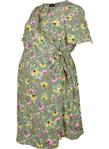 Robe de maternité en viscose avec cache-cœur, Green Flower Print, Packshot image number 0