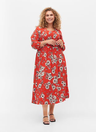 Gebloemde viscose midi-jurk met smok, Fiery Red Flower AOP, Model image number 2