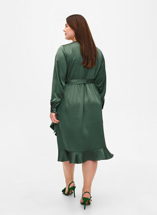 Robe portefeuille en satin à manches longues, Duck Green, Model image number 1