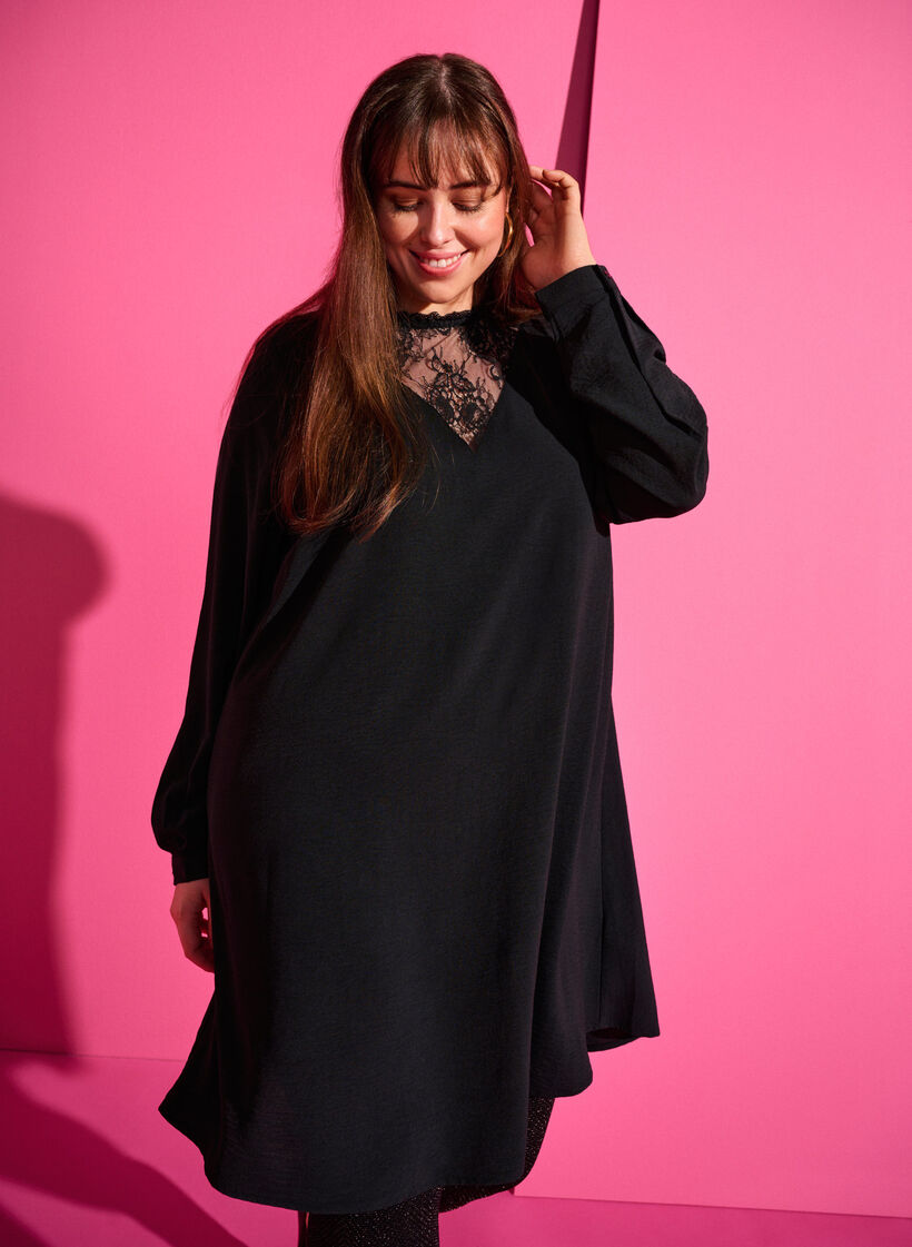 Jurk met kanten details, Black, Image image number 0