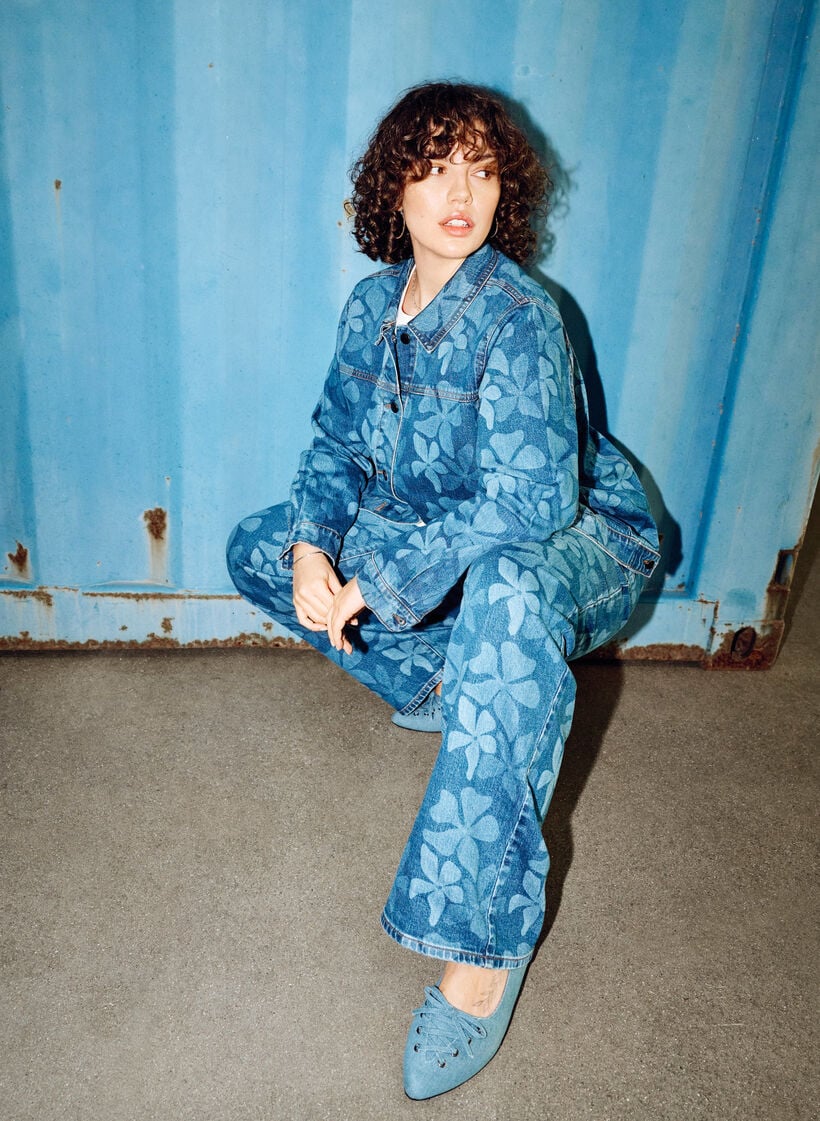 Denimjack met bloemenpatroon, Blauw, Image image number 0