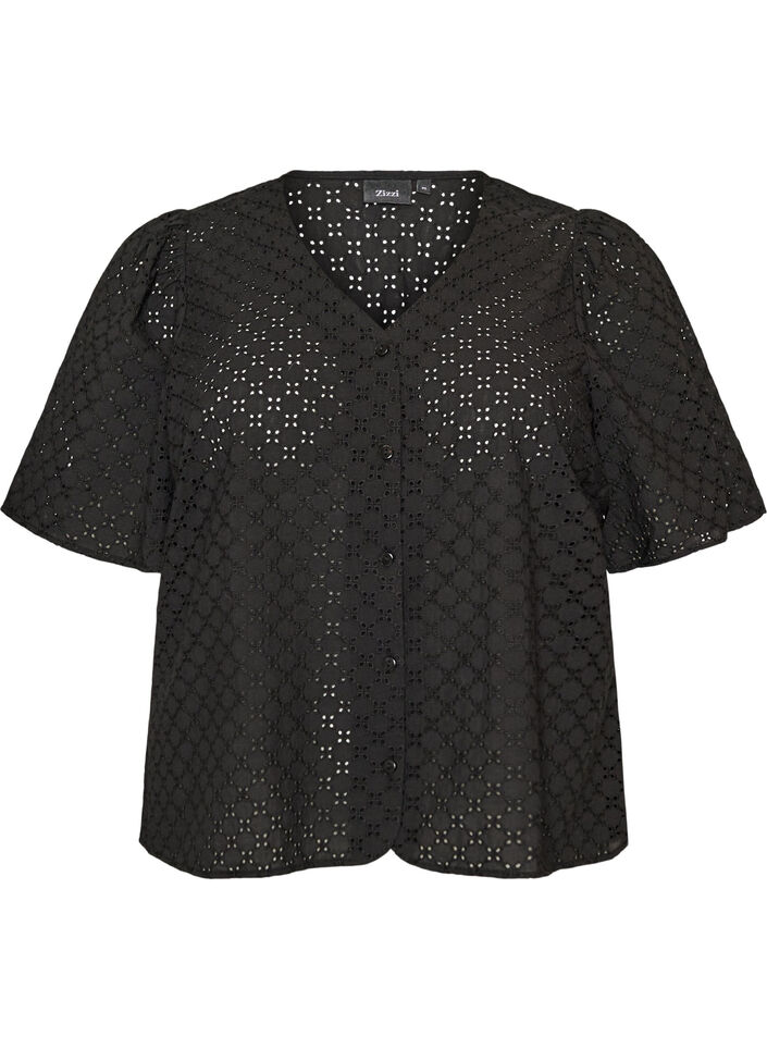 Blouse en broderie anglaise avec fermeture boutonn&eacute;e, Noir, Packshot image number 0