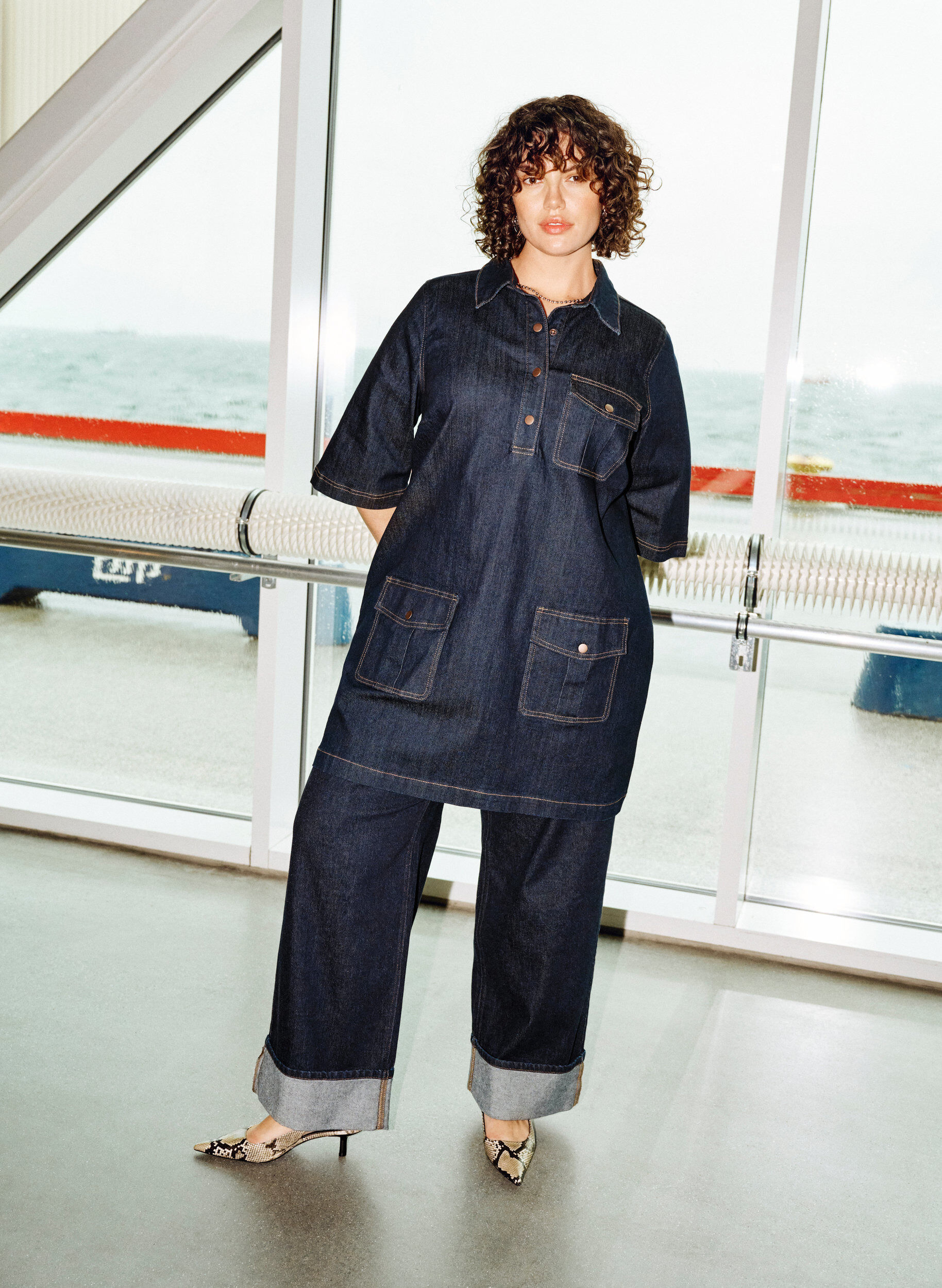 ZizziDenim jurk met grote zakken en 3/4 mouwen, Blauw, Image image number 0