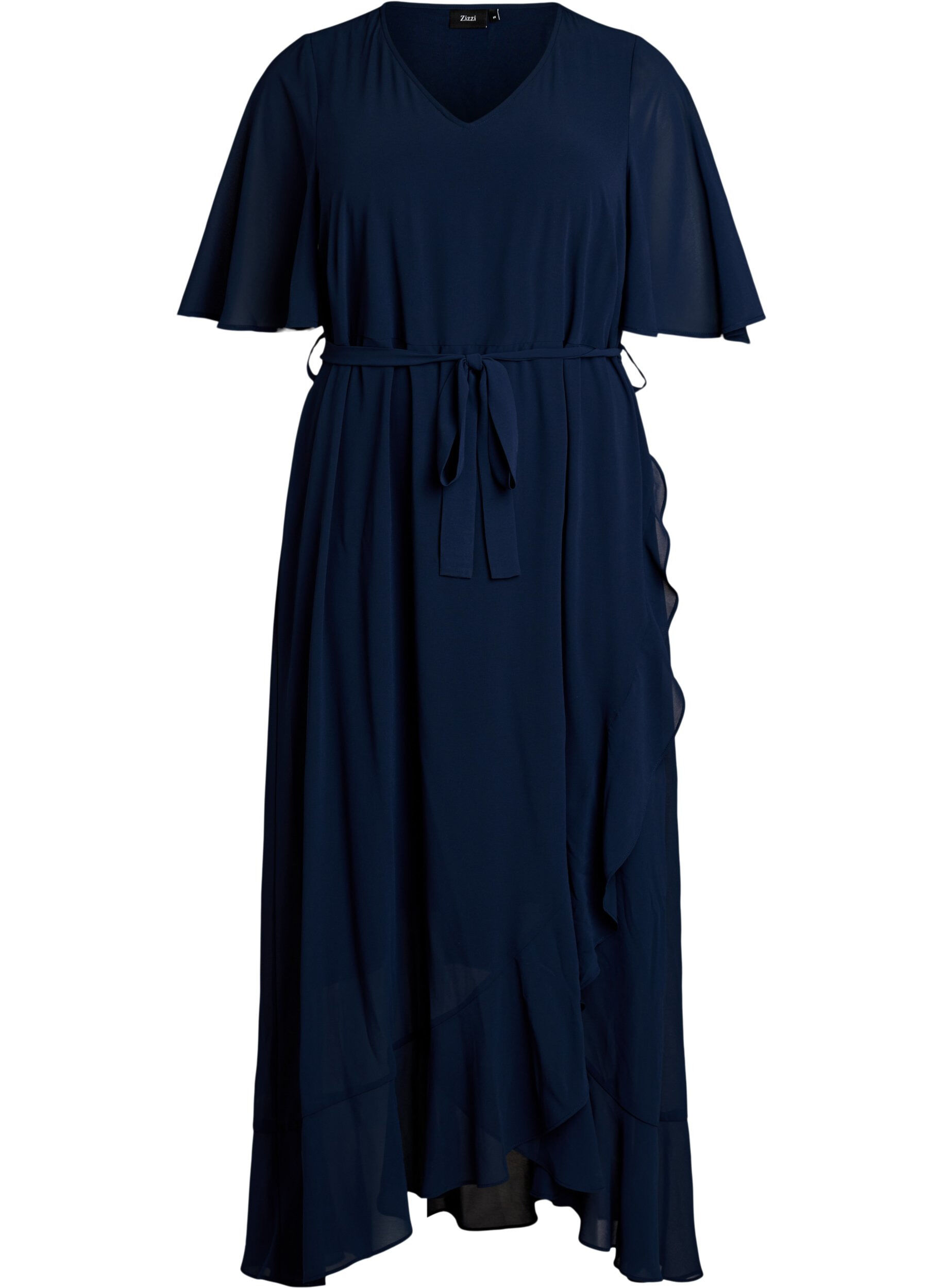 ZizziRobe longue en mousseline avec d&eacute;collet&eacute; en V et ourlet &agrave; volants, Bleu, Packshot image number 0