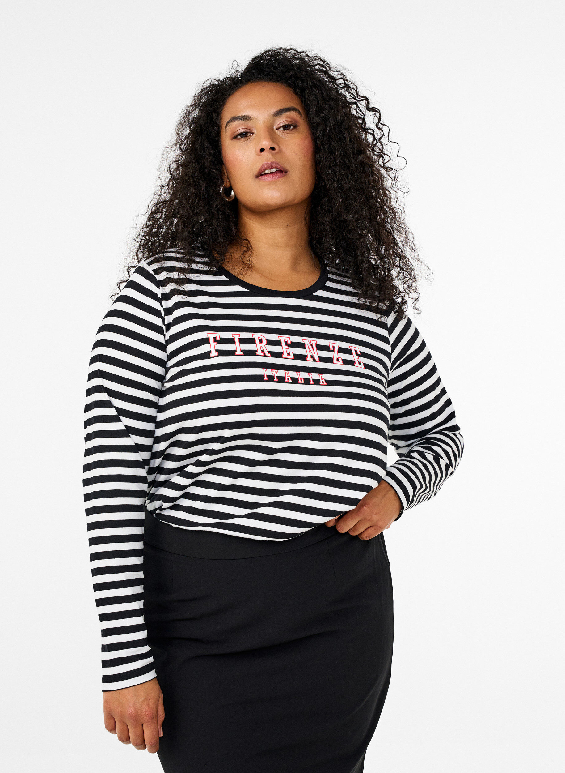 ZizziGestreepte blouse met motief, White w.Black Stripe, Model image number 0