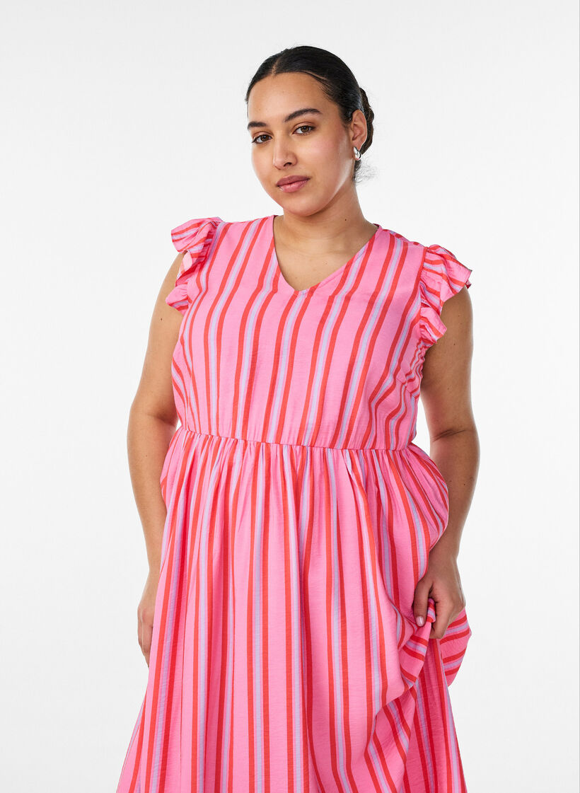 Robe midi &agrave; rayures avec coupe empire et volants, Rose, Model image number 2