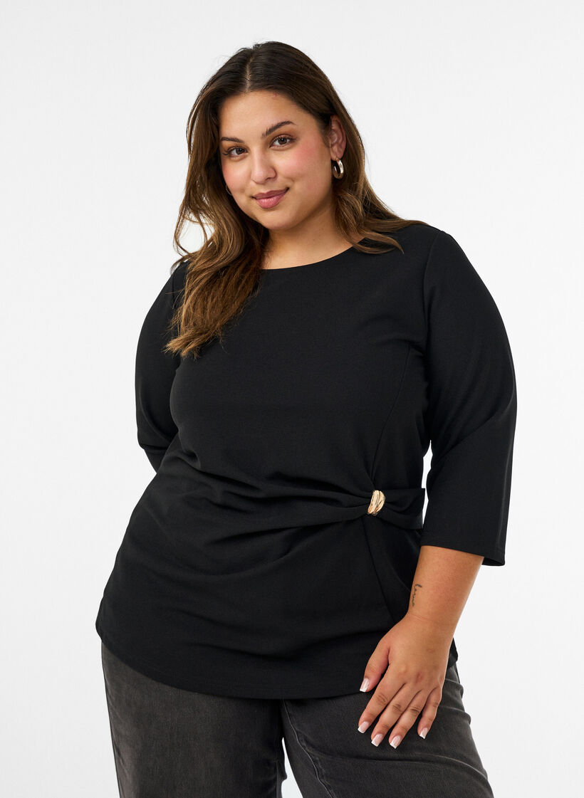 Blouse met asymmetrische drapering en 3/4-mouwen, Zwart, Model image number 0