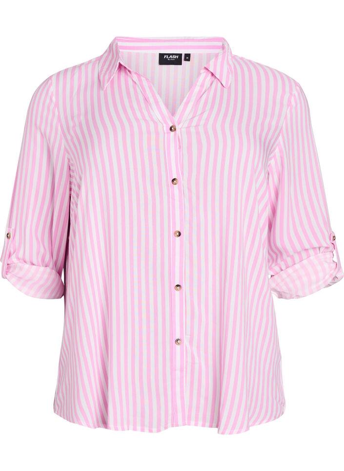 FLASH - Gestreept shirt met opgerolde mouwen, Roze, Packshot image number 0